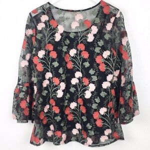 Solitaire Black Top with Red and Pink Floral Embroidery